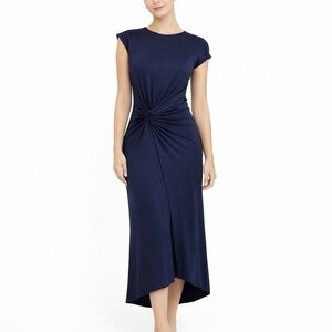 Shoshanna Dress Womens 12 Navy Blue Twist‎ Front Asymmetrical Hem Midi Rouched